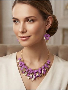 TWO TONE BEAD AND LEAF DESIGN NECKLACE WITH EARRING SET